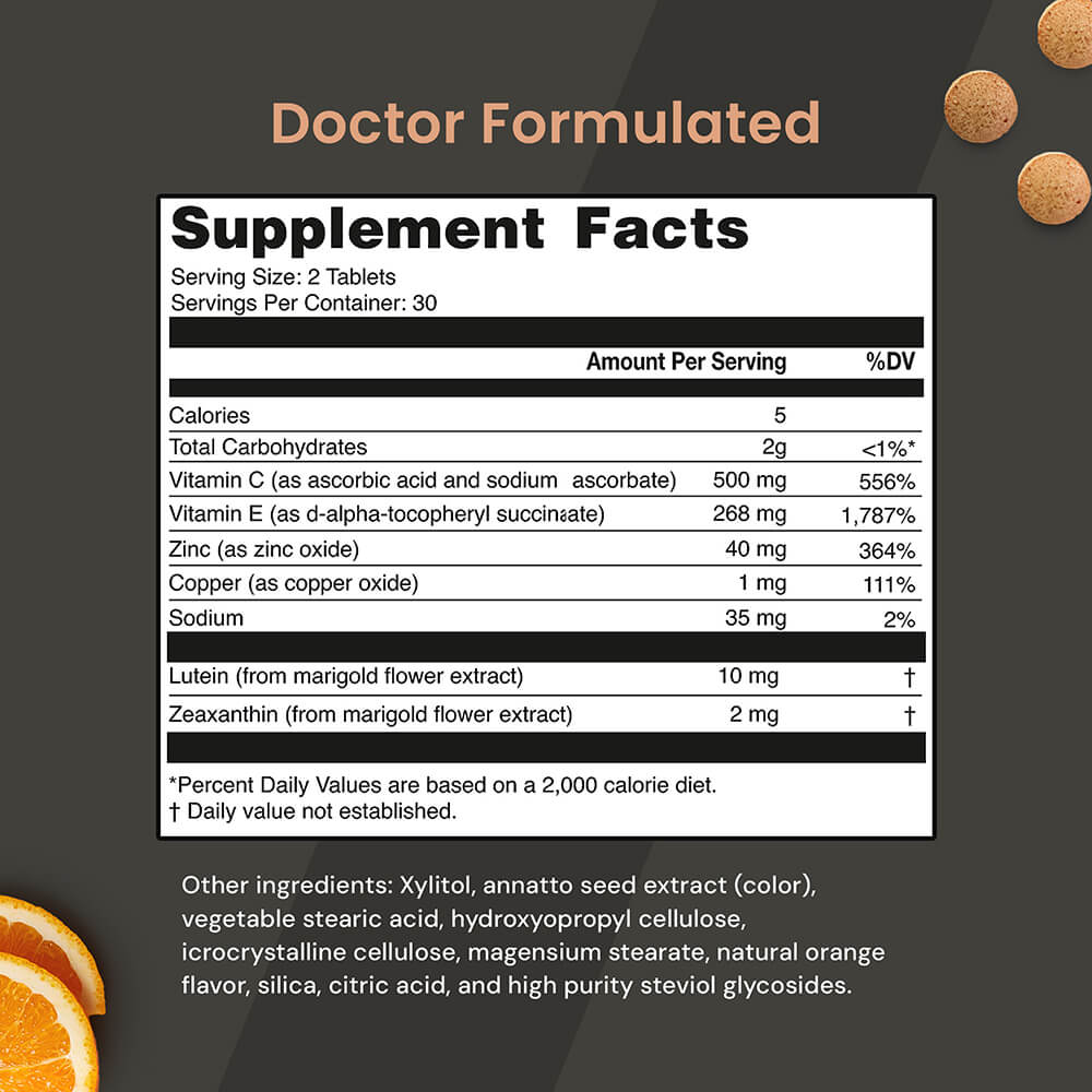 Side panel view of VisiVite AREDS 2 Chewable Tablets packaging with supplement details