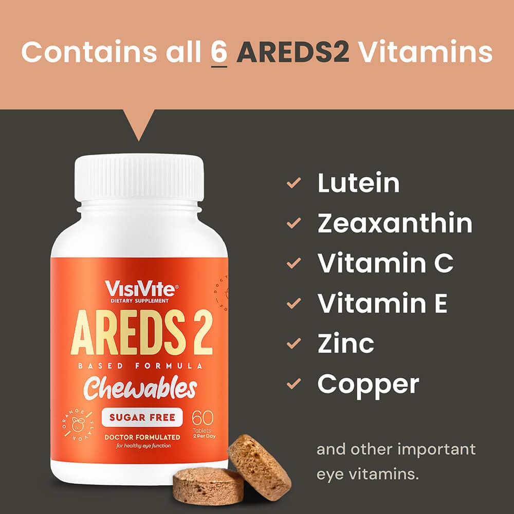 Close-up of VisiVite AREDS 2 sugar-free chewable tablets in orange flavor